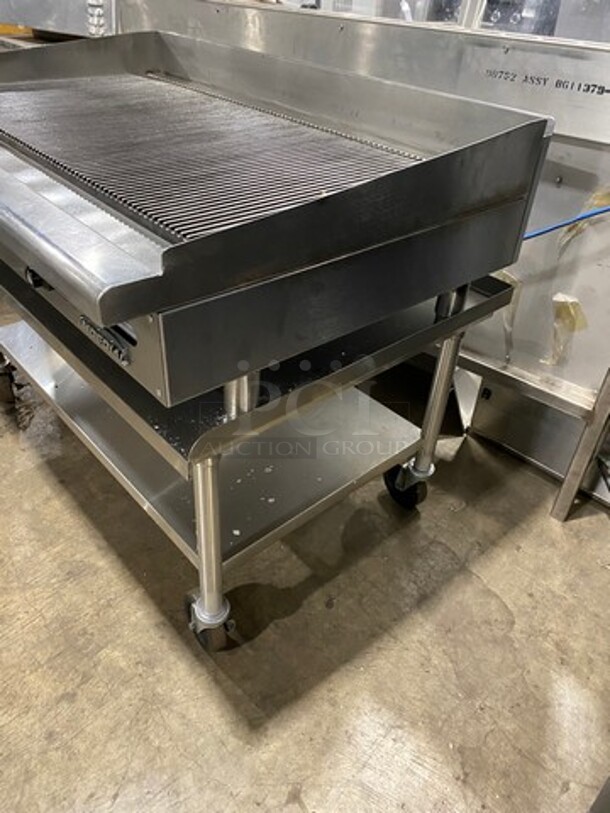 NICE! Imperial Commercial Natural Gas Powered Grooved Grill! With Back And Side Splashes! On Legs! On Equipment Stand! With Storage Space Underneath! All Stainless Steel! On Casters! - Image 2 of 9