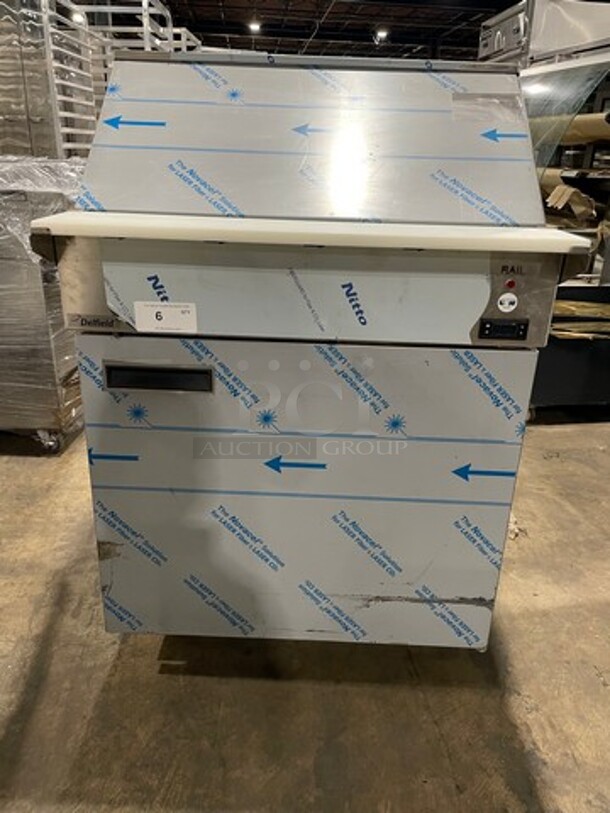 NICE! NEW! Delfield Commercial Refrigerated Sandwich Prep Table! With Commercial Cutting Board! With Single Door Storage Space Underneath! All Stainless Steel! On Casters! Model: 18MC32PBI SN: 1703150001346 115V 60HZ 1 Phase