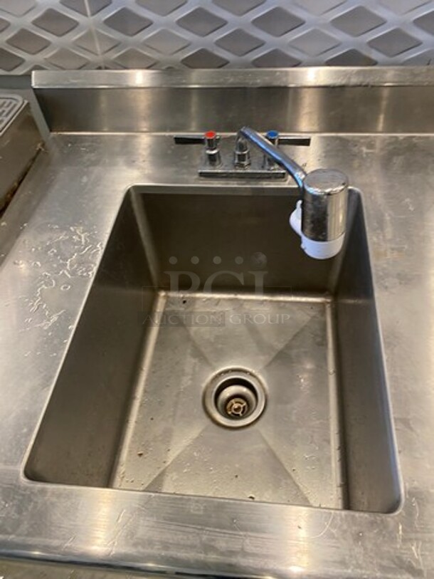 WOW! Custom Made Commercial Work Top/ Prep Table! With Built In Hand Washing Sink! With Back Splash! Faucet And Handles! With Cabinet Storage Space Underneath! Solid Stainless Steel! On Legs! - Image 8 of 8