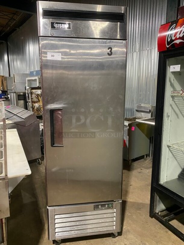 LATE MODEL! 2020 Bison Commercial Single Door Reach In Cooler! Poly Coated Racks! All Stainless Steel! On Casters! Model: BRR21 SN: BRR2100320080500K80011 115V 60HZ 1 Phase! Working When Removed!