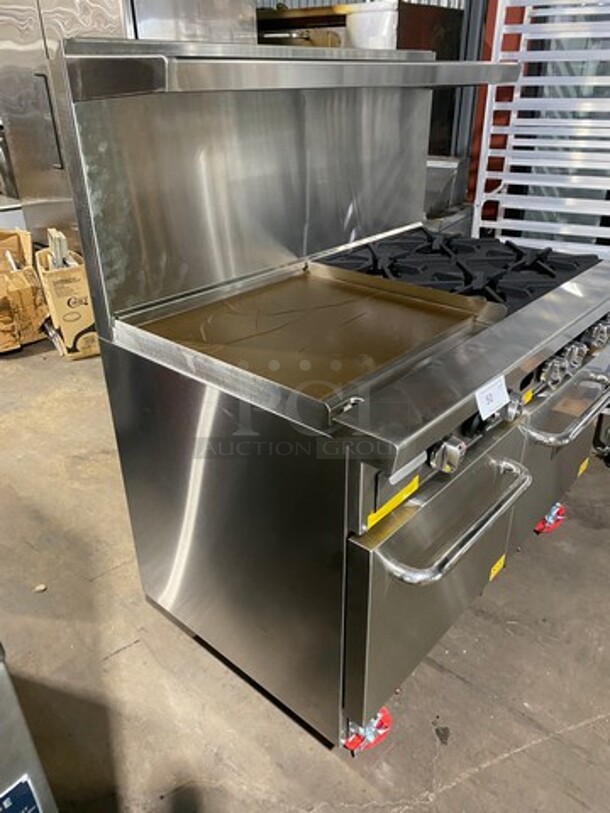 AWESOME! NEW! Migali Commercial Natural Gas Powered 4 Burner Stove With Flat Griddle! Flat Griddle Has Side Splashes! With Raised Back Splash And Salamander Shelf! With 2 Oven Underneath! Metal Oven Racks! All Stainless Steel! On Casters! Model: CRO424GLNG SN: NGUSB100321071000920017 - Image 3 of 12