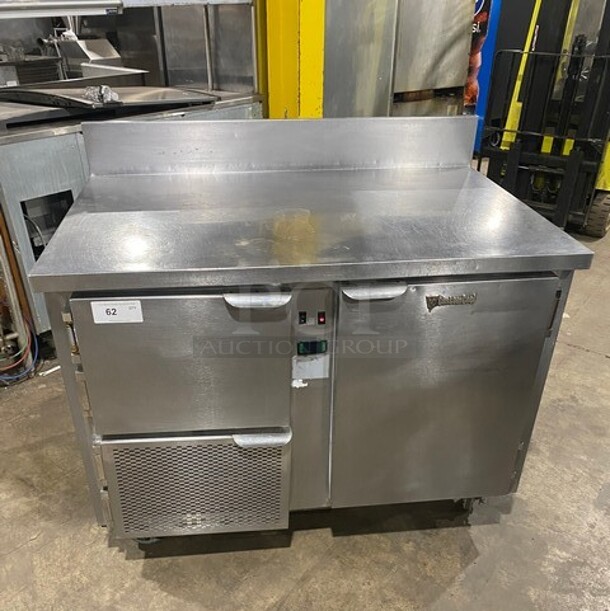 Custom Cool Commercial Work/Prep Table! With Backsplash! With Refrigerated 2 Door Underneath Storage! All Stainless Steel! On Casters! - Image 1 of 9
