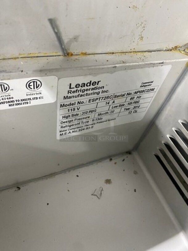 Leader Commercial Refrigerated Pizza Prep Table! With 3 Door Storage Space Underneath! All Stainless Steel! Model: ESPT72SC SN: NP08C2296 115V 60HZ 1 Phase - Image 9 of 10