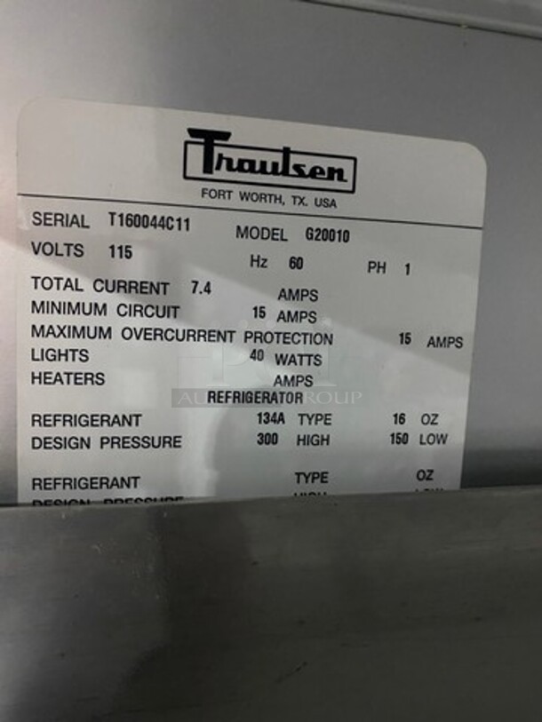 Traulsen Commercial 2 Door Reach In Refrigerator! With Pan Rack And Poly Coated Racks! All Stainless Steel! On Casters! Model: G20010 SN: T160044C11 115V 60HZ 1 Phase - Image 8 of 9