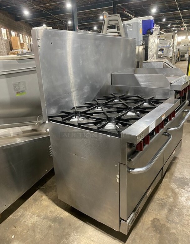Sweet! LATE MODEL! Vulcan Commercial Natural Gas Powered 6 Burner Stove! With Right Side Flat Griddle & Cheese Melter Combo! Griddle Has Side Splashes! With Raised Back Splash! With 2 Oven Underneath! All Stainless Steel! - Image 2 of 9