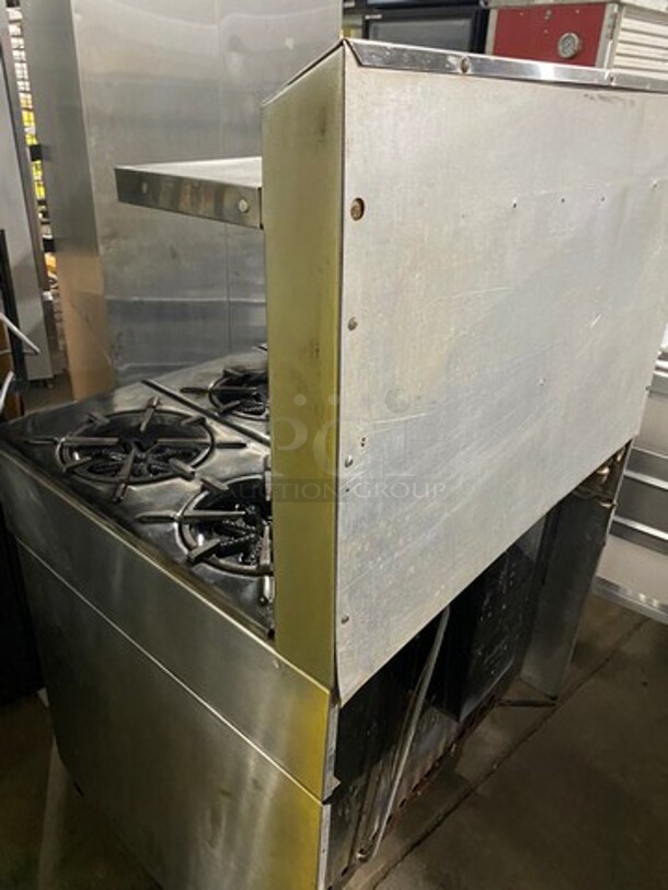 Garland Commercial Natural Gas Powered 6 Burner Stove! With Raised Back Splash And Salamander Shelf! With Oven Underneath! All Stainless Steel! On Casters! WORKING WHEN REMOVED! - Image 4 of 10