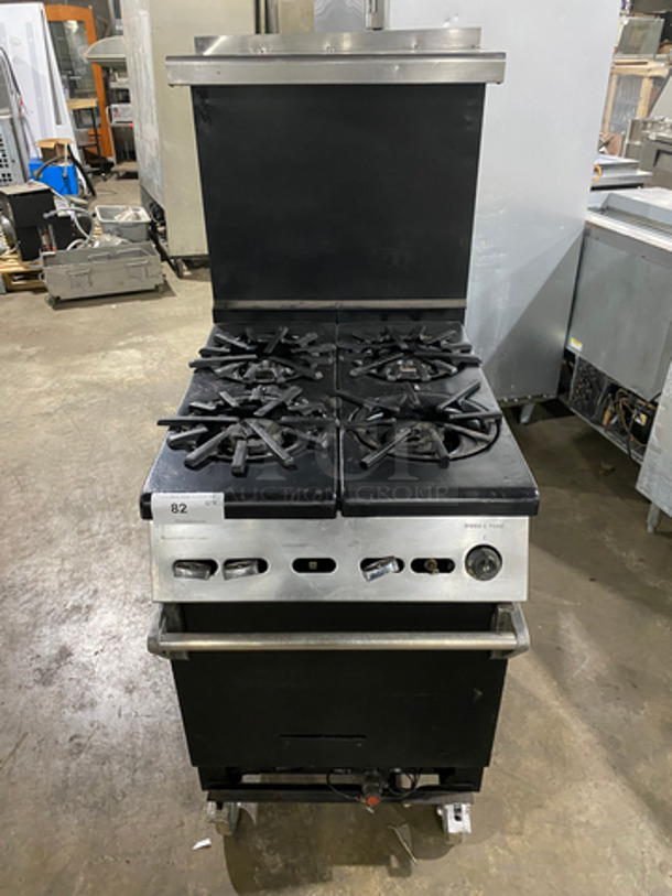 Commercial Natural Gas Powered 4 Burner Stove! With Raised Back Splash And Salamander Shelf! With Oven Underneath! Stainless Steel Body! On Casters!