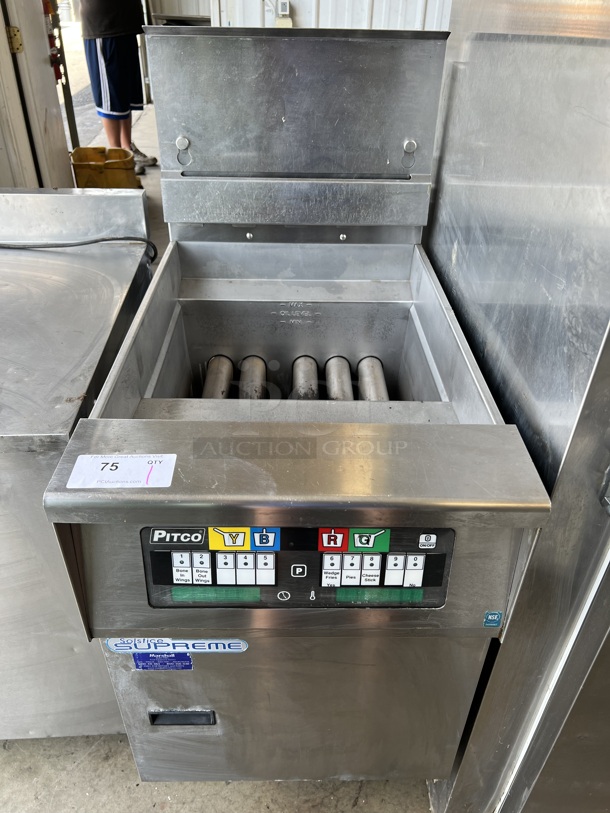 2014 Pitco Frialator Model SFSSH60W Solstice Supreme Stainless Steel Commercial Floor Style Natural Gas Powered Deep Fat Fryer w/ Filtration System on Commercial Casters. 100,000 BTU. 20x35x49