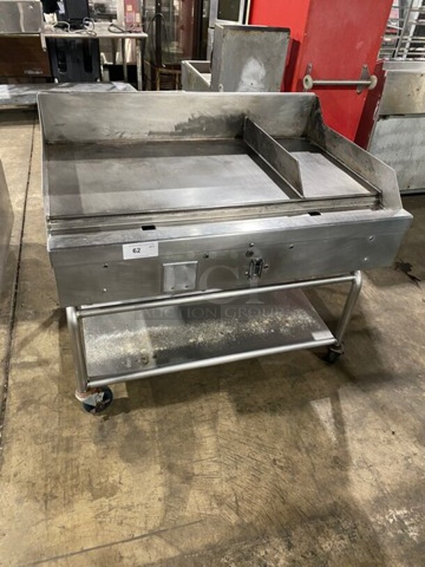 Woodstone Commercial Natural Gas Powered Flat Griddle! With Split Top! With Back & Side Splashes! On Equipment Stand! With Storage Space Underneath! All Stainless Steel! On Casters!