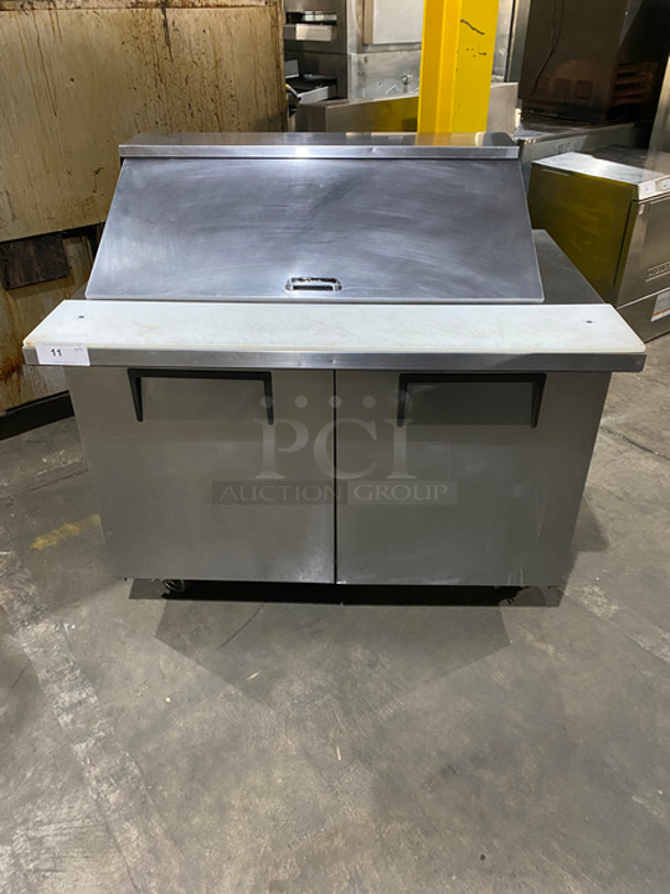 True Commercial Refrigerated Sandwich Prep Table! With Commercial Cutting Board! With 2 Door Storage Space Underneath! All Stainless Steel! On Casters! Model: TSSU4818MBHC SN: 9192478 115V 60HZ 1 Phase