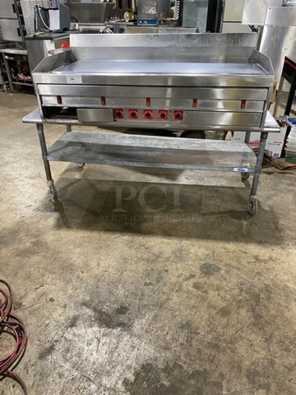 MagiKitch'n Commercial Countertop Electric Powered Flat Top Griddle! With Back And Side Splashes! On Equipment Stand! With Storage Space Underneath! All Stainless Steel! On Casters!