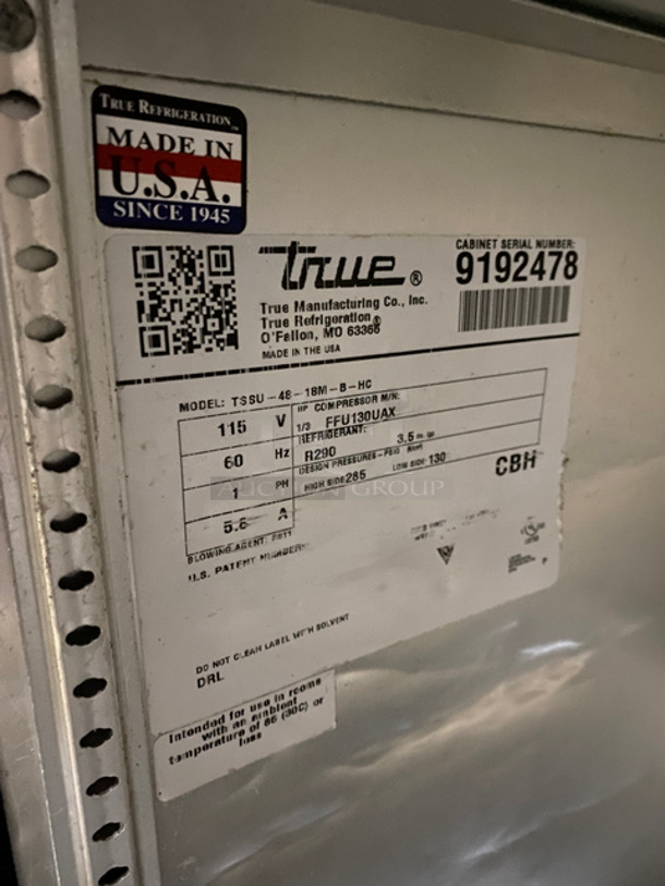 True Commercial Refrigerated Sandwich Prep Table! With Commercial Cutting Board! With 2 Door Storage Space Underneath! All Stainless Steel! On Casters! Model: TSSU4818MBHC SN: 9192478 115V 60HZ 1 Phase - Image 7 of 10