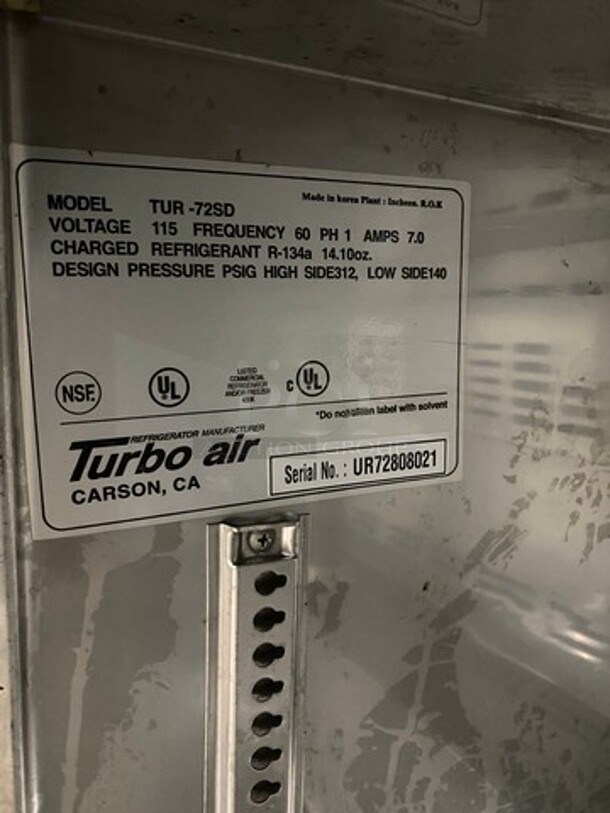 Turbo Air Commercial 3 Door Lowboy/Worktop Cooler! All Stainless Steel! On Casters! Model: TUR72SD SN: UR72808021 115V 60HZ 1 Phase - Image 7 of 8