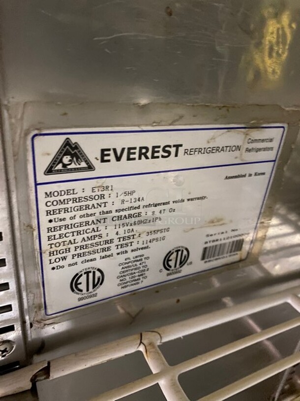 Everest Commercial Single Door Lowboy/ Worktop Cooler! All Stainless Steel! Model: ETBR1 SN: BTBR112100008 115V 60HZ 1 Phase - Image 7 of 8