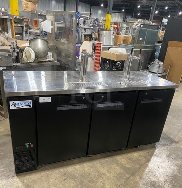 NICE! Avantco Commercial Refrigerated Dual Tower Kegerator! With Towers! With 3 Door Storage Space Underneath! Poly Coated Racks! Model: 178UDD378 SN: 6436334321083608 115V 1 Phase