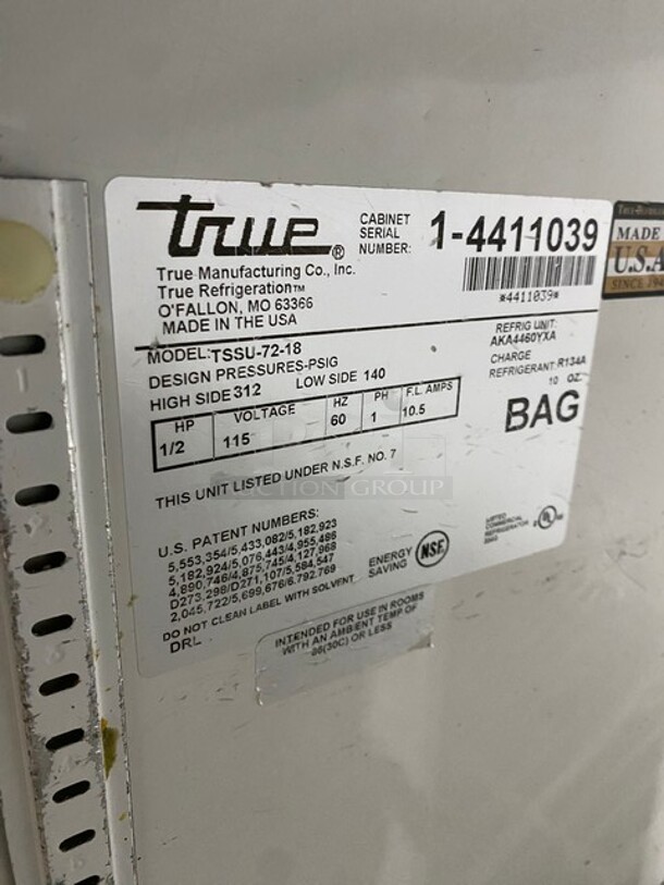 True Commercial Refrigerated Sandwich Prep Table! With 3 Door Storage Space Underneath! All Stainless Steel! On Casters! Model: TSSU7218 SN:14411039 115V 1PH - Image 8 of 9
