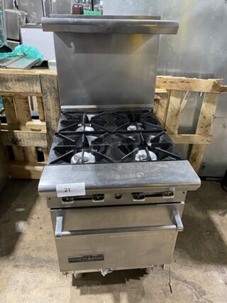 American Range Commercial Natural Gas Powered 4 Burner Stove! With Raised Back Splash And Salamander Shelf! With Oven Underneath! All Stainless Steel! On Legs!