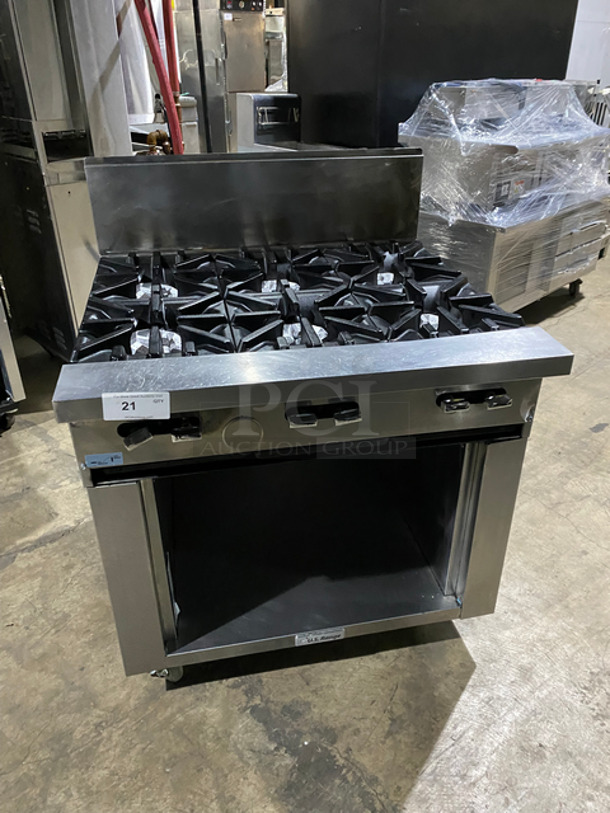 NICE! Garland U.S. Range Commercial Natural Gas Powered 6 Burner Stove! With Underneath Storage Space! With Backsplash! All Stainless Steel! On Casters! Model: U36-6S SN: 1607100101255