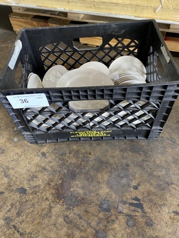 ALL ONE MONEY! Homer Laughlin White Ceramic Assorted Size Plates! Includes Black Poly Crate!