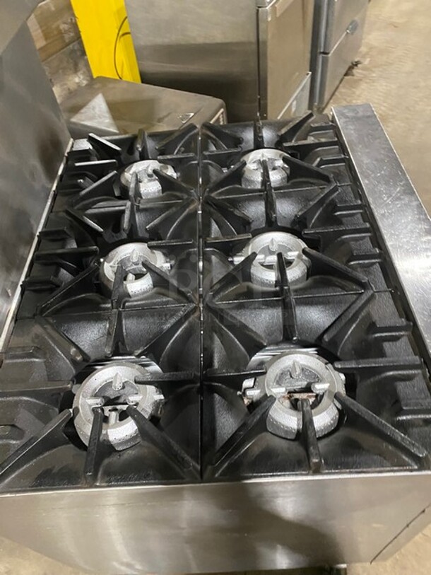 Nice! Sunfire All Stainless Steel Natural Gas 6 Burner Stove! With an Underneath Full Size Stove! Raised Back Splash And Salamander Shelf! On Casters! - Image 5 of 9