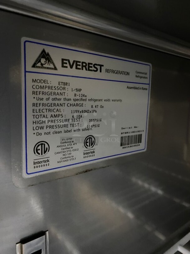 Everest Stainless Steel Commercial Single Door Lowboy/ Worktop Cooler! Model: ETBR1 SN:BTBR118010013 115V 1PH  - Image 6 of 8