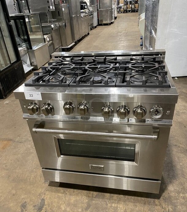 Zline Commercial Gas Powered 6 Burner Stove! With Oven Underneath! Stainless Steel! MODEL RG36 SN: RG36GE2112049103 120V - Image 1 of 10