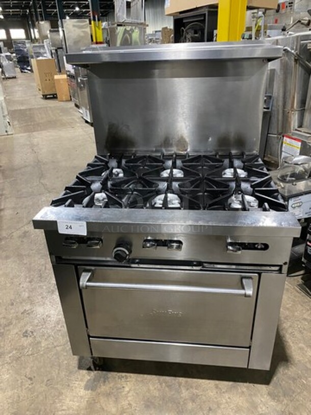 Sunfire Commercial Natural Gas Powered 6 Burner Stove! With Raised Back Splash And Salamander Shelf! With Oven Underneath! All Stainless Steel! On Casters! - Image 1 of 9