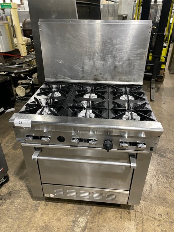 US Range Commercial Natural Gas Powered 6 Burner Stove! With Raised Back Splash! With Oven Underneath! All Stainless Steel! On Casters!