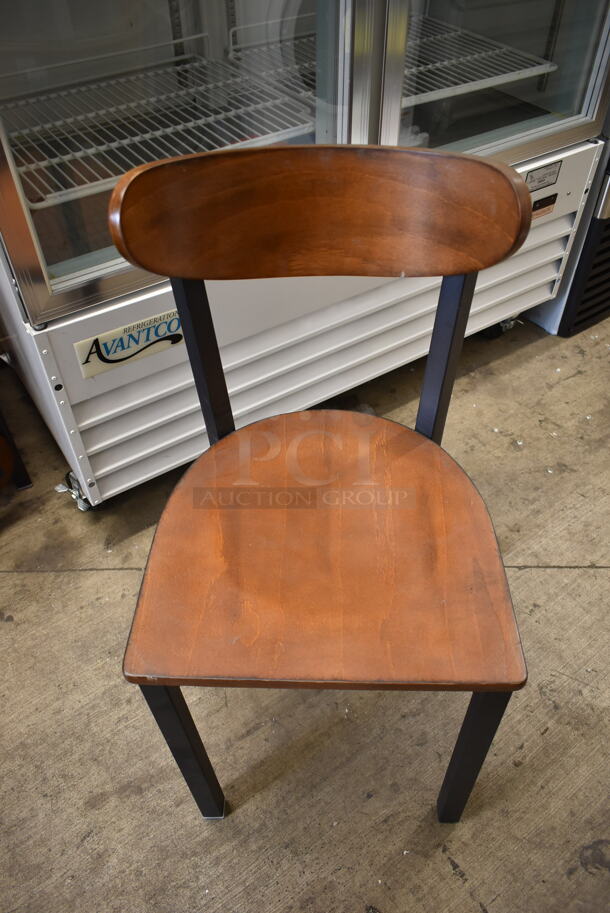 4 BRAND NEW SCRATCH AND DENT! Wood Pattern Dining Height Chairs on Black Metal Frame. 4 Times Your Bid! - Image 1 of 6