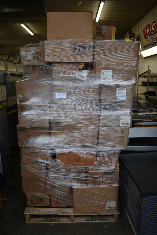 PALLET LOT of Approximately 50 Various Boxes of BRAND NEW Dishes Including Glasses and Vases. 
