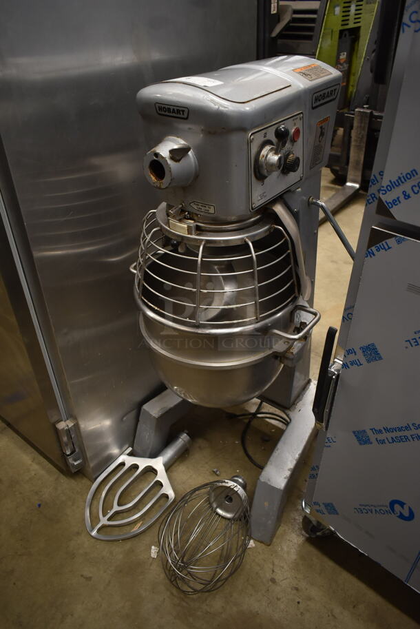 Hobart D300 Metal Commercial Floor Style 30 Quart Planetary Dough Mixer w/ Stainless Steel Mixing Bowl, Bowl Guard, Dough Hook, Paddle and Whisk Attachments. 115 Volts, 1 Phase. Tested and Working!
