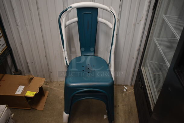 2 BRAND NEW SCRATCH AND DENT! Lancaster Table & Seating Blue Metal Tolix Style Dining Height Chair. 2 Times Your Bid!