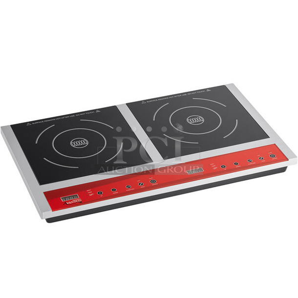 BRAND NEW SCRATCH AND DENT! 2023 Avantco 177IC18DB Stainless Steel Commercial Countertop Electric Powered Double Burner Induction Range. 120 Volts, 1 Phase.