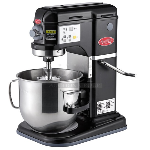 BRAND NEW SCRATCH AND DENT! Avantco 177MIX8BK Metal Black 8 Qt. Bowl Lift Countertop Mixer w/ Metal Bowl, Paddle, Whisk and Dough Attachments. 120 Volts, 1 Phase. Tested and Working!