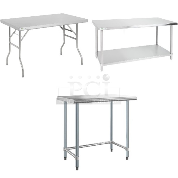 3 BRAND NEW SCRATCH AND DENT! Items Including Regency 600FWT3048 30" x 48" 18-Gauge Stainless Steel Open Base Folding Work Table, Regency 600TS3072S 30" x 72" 16-Gauge 304 Stainless Steel Commercial Work Table with Undershelf, Steelton 522ETOB2436 24" x 36" 18-Gauge 430 Stainless Steel Open Base Work Table. 3 Times Your Bid! May Be Missing Pieces.   - Image 1 of 5