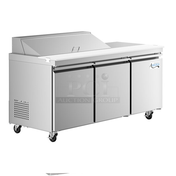 BRAND NEW SCRATCH AND DENT! 2023 Avantco 178SSPT7112 Stainless Steel Commercial Sandwich Salad Prep Table Bain Marie Mega Top on Commercial Casters. 115 Volts, 1 Phase. Tested and Working!
