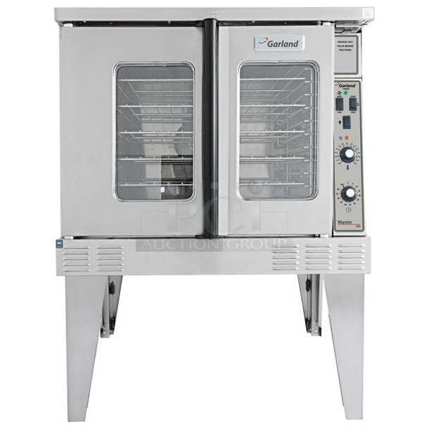 BRAND NEW SCRATCH AND DENT! 2023 Garland MCO-GS-10S Stainless Steel Commercial Natural Gas Powered Full Size Convection Oven w/ View Through Doors, Metal Oven Racks and Thermostatic Controls. Does Not Have Legs. 60,000 BTU. 
