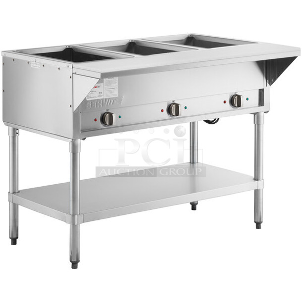 BRAND NEW SCRATCH AND DENT! 2023 ServIt 423EST3WO Stainless Steel Three Pan Open Well Electric Steam Table with Adjustable Undershelf and Sneeze Guard. Comes w/ Commercial Casters. 120 Volts, 1 Phase. Tested and Working!