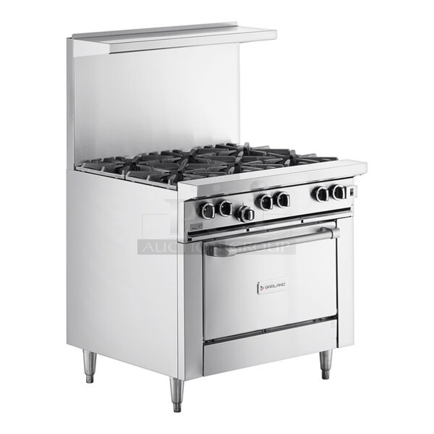 BRAND NEW SCRATCH AND DENT! 2022 Garland G36-6C Stainless Steel Commercial Propane Gas Powered 6 Burner Range w/ Oven, Over Shelf and Back Splash. 