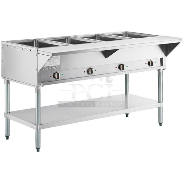BRAND NEW SCRATCH AND DENT! 2023 ServIt 423EST4WS500 Stainless Steel Four Pan Sealed Well Electric Steam Table with Adjustable Undershelf. 120 Volts, 1 Phase. Tested and Working!