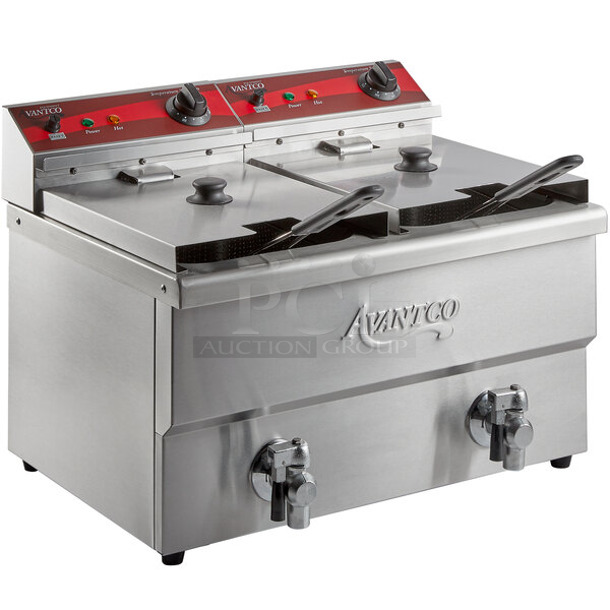 BRAND NEW SCRATCH AND DENT! 2023 Avantco 177F202 Stainless Steel Commercial Countertop Electric Powered Double Fryer w/ 2 Metal Lids and 2 Metal Fry Baskets. 208-240 Volts, 1 Phase. 