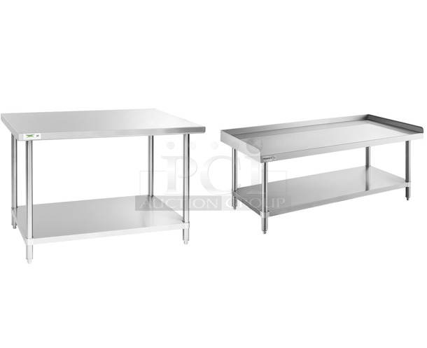 2 BRAND NEW SCRATCH AND DENT! Regency 600TS3048S 30" x 48" 16-Gauge 304 Stainless Steel Commercial Work Table with Undershelf and Regency 600ESS3060S  Spec Line 30" x 60" 14-Gauge Stainless Steel Equipment Stand With Stainless Steel Undershelf. 2 Times Your Bid! May Be Missing Pieces. - Image 1 of 2