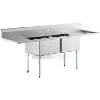 BRAND NEW SCRATCH AND DENT! Regency 600S22424224 98" 16 Gauge Stainless Steel Two Compartment Commercial Sink with Galvanized Steel Legs and 2 Drainboards - 24" x 24" x 14" Bowls. No Legs. 