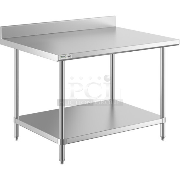BRAND NEW SCRATCH AND DENT! Regency 600TSB3648S 36" x 48" 16 Gauge Stainless Steel Commercial Work Table with 4" Backsplash and Undershelf. May Be Missing Pieces.  - Image 1 of 3