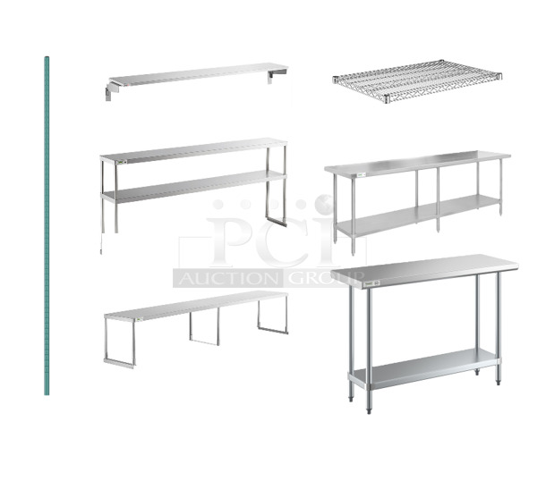PALLET LOT of 8 Various BRAND NEW SCRATCH AND DENT! Items; Box of 4 Regency 460EGPC64 64" NSF Green Epoxy Mobile Shelving Post, ServIt 423ST5TSDS Solid Drop Down Side Tray Slide for 5-Pan Steam Tables, Regency 600DOS1272 Stainless Steel Double Deck Overshelf - 12" x 72" x 32", Regency 600SOS1896 Stainless Steel Single Deck Overshelf - 18" x 96" x 19 1/4", Box of 4 Regency 460EC2436 24" x 36" NSF Chrome Wire Shelf, 2 Regency 600TS3084S 30" x 84" 16-Gauge 304 Stainless Steel Commercial Work Table with Undershelf, Regency 600T1848G 18" x 48" 18-Gauge 304 Stainless Steel Commercial Work Table with Galvanized Legs and Undershelf. 8 Times Your Bid! - Image 1 of 11