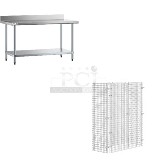 2 BRAND NEW SCRATCH AND DENT! Items Including Regency 600TB3060G 30" x 60" 18-Gauge 304 Stainless Steel Commercial Work Table with 4" Backsplash and Galvanized Undershelf and Regency 460ECSC2448 NSF Chrome Wire Security Cage - 24" x 48" x 61". 2 Times Your Bid!  May Be Missing Pieces. 