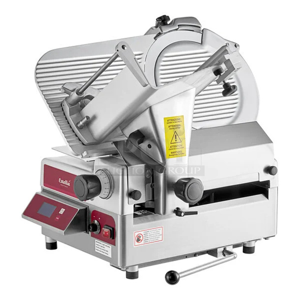 BRAND NEW SCRATCH AND DENT! Estella 348SLAS13 Stainless Steel Commercial Countertop 13" Heavy-Duty Automatic Meat Slicer with Manual Use Option and Scale. 115 Volts, 1 Phase. Tested and Working! - Image 1 of 10