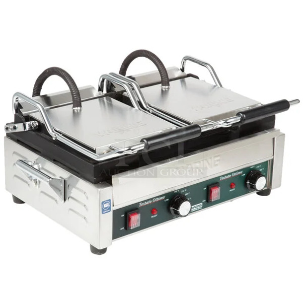 BRAND NEW SCRATCH AND DENT! 2024 Waring WFG300 Stainless Steel Commercial Tostato Ottimo Smooth Top & Bottom Dual Panini Sandwich Grill - 17" x 9 1/4" Cooking Surface. 240 Volts, 1 Phase.  - Image 1 of 9