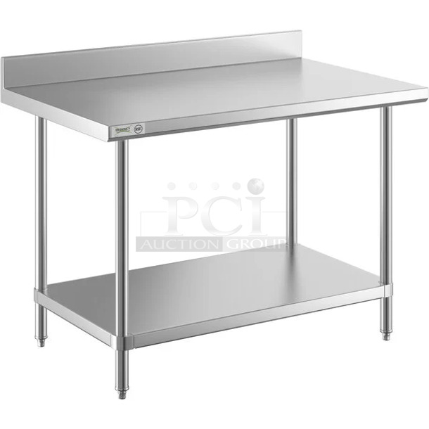 2 BRAND NEW SCRATCH AND DENT! 600TSB3048S Regency 30" x 48" 16-Gauge Stainless Steel Commercial Work Table with 4" Backsplash and Undershelf. 2 Times Your Bid! May Be Missing Pieces.  - Image 1 of 4