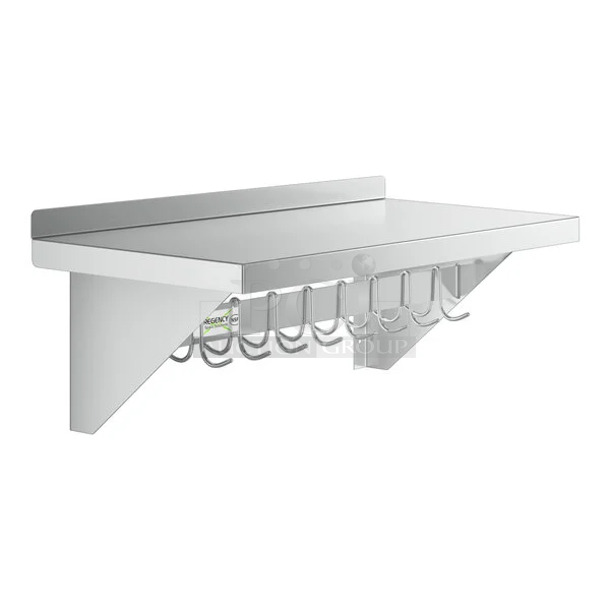 BRAND NEW SCRATCH AND DENT! Regency 600PS1536 15" x 36" Stainless Steel Wall Mounted Pot Rack with Shelf and 18 Galvanized Hooks. May Be Missing Pieces. - Image 1 of 3